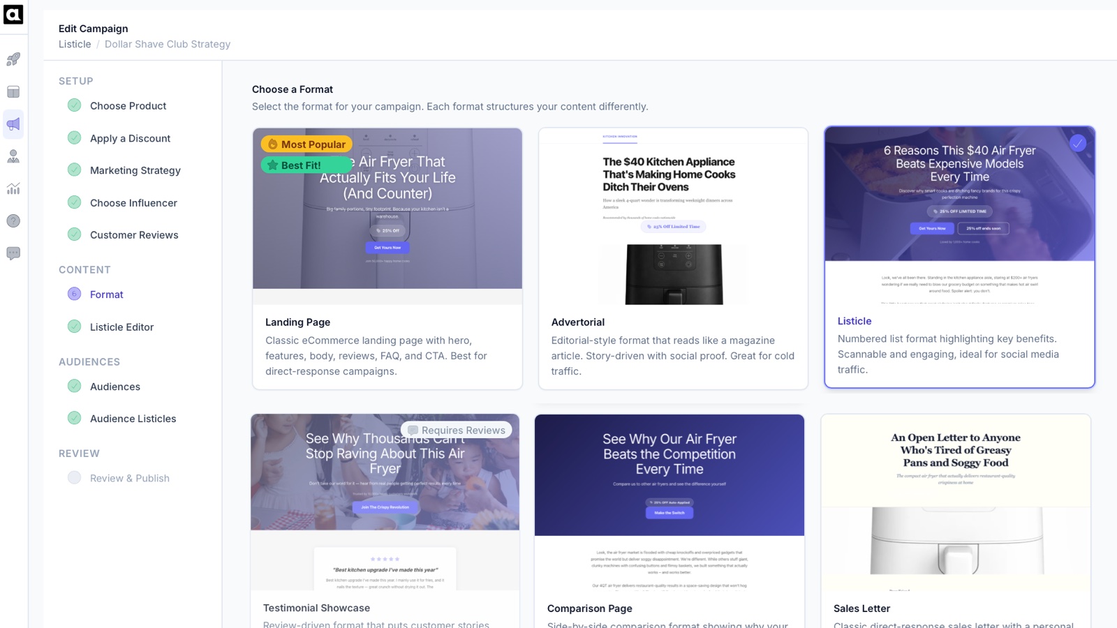 Auware landing page formats - advertorials, listicles, and more